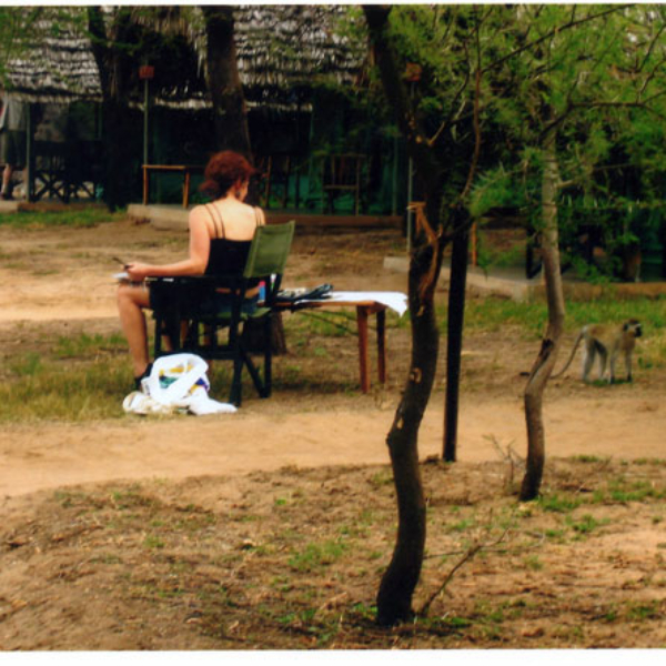Painting en plein air, Tarangire Park, Tanzania, Summer 2007 (with monkey)