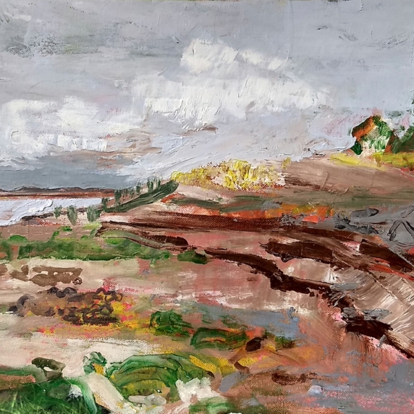 Original art red, gray Scotland seascape oil painting