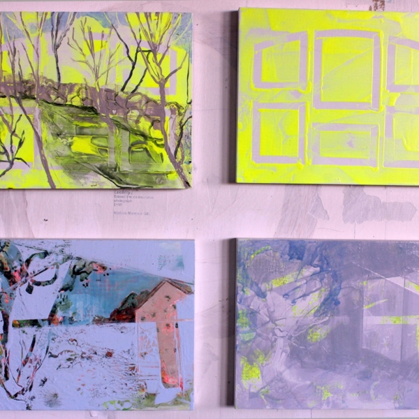 Original paintings, yellow, blue, green abstract trees, houses