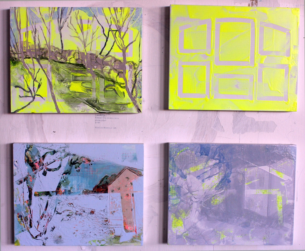 Original paintings, yellow, blue, green abstract trees, houses