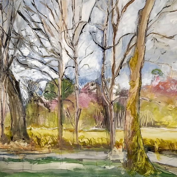 Original art pink, yellow, Scotland trees oil painting
