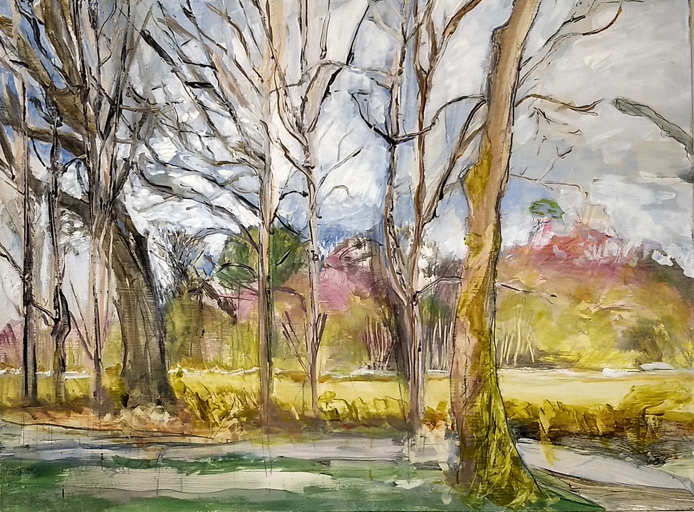 Original art pink, yellow, Scotland trees oil painting