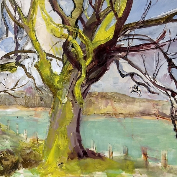 Original art green, yellow Scotland tree oil painting
