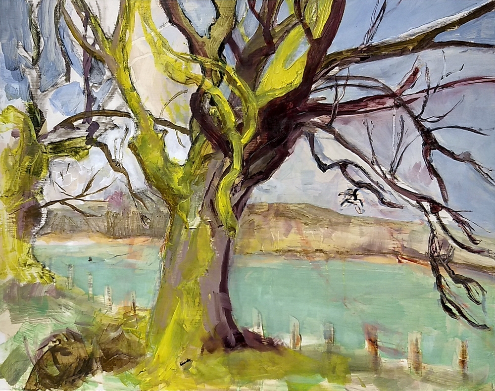 Original art green, yellow Scotland tree oil painting