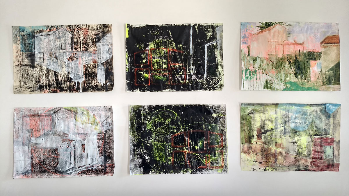 Original paintings, black, pink, green abstract houses acrylic