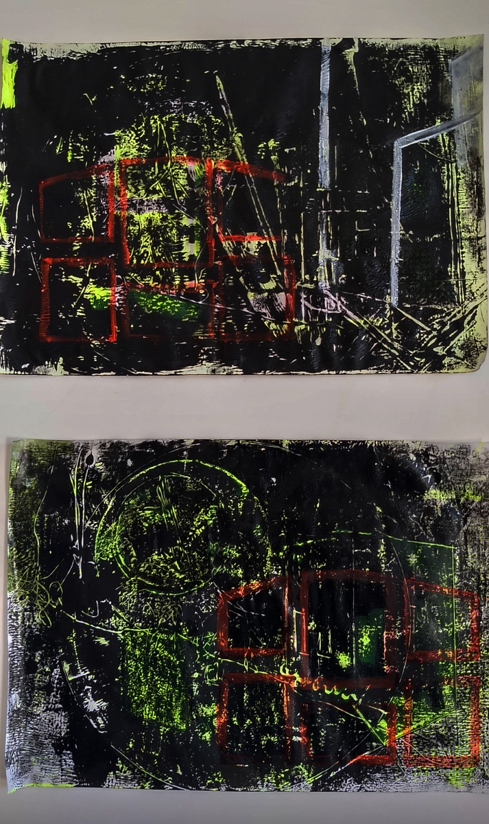Original paintings, black, yellow, red abstract houses acrylic