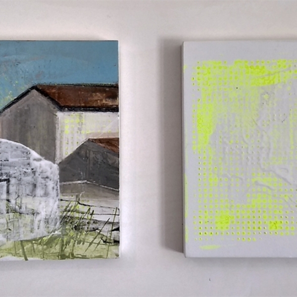 Original art, acrylic paintings, white, yellow abstract houses