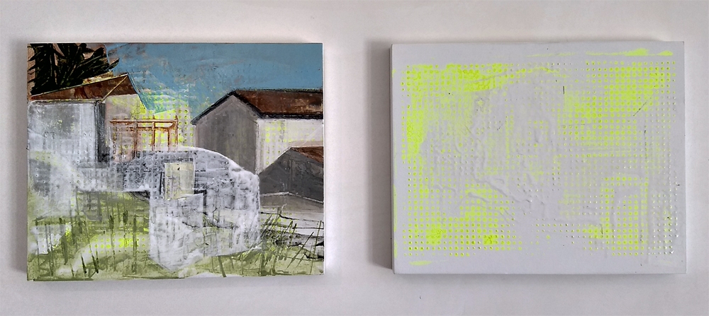 Original art, acrylic paintings, white, yellow abstract houses
