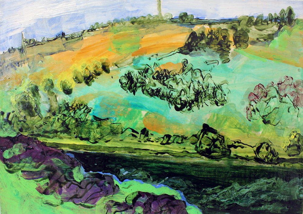 Torduff Reservoir, the greener hill, 2020.  Acrylic painting on board. 16cm x 21cm