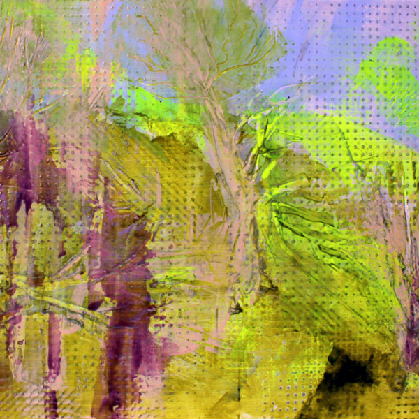 Original acrylic painting landscape pink yellow trees