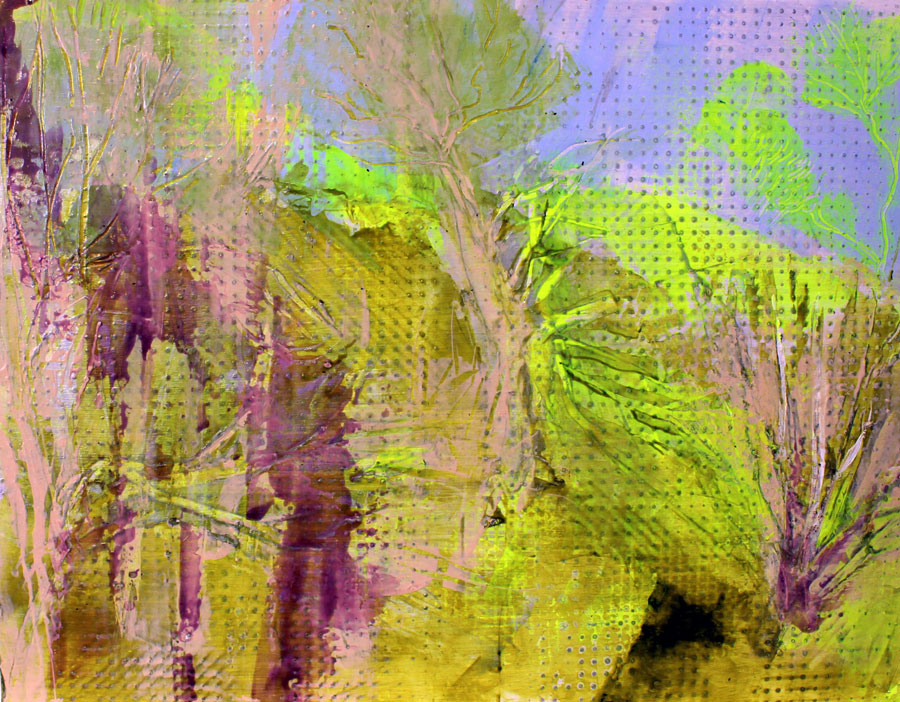 Original acrylic painting landscape pink yellow trees