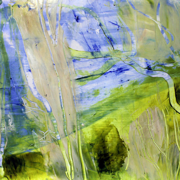 Original acrylic painting landscape blue yellow trees