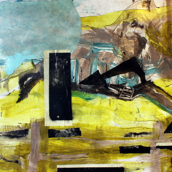 Original artwork, collage, acrylic painting, yellow, abstract landscape