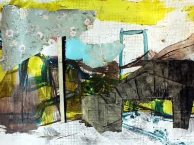 Original artwork, collage, acrylic painting, yellow, abstract landscape