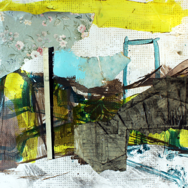 Original artwork, collage, acrylic painting, yellow, abstract landscape