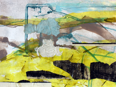 Original artwork, collage, acrylic painting, yellow, abstract landscape