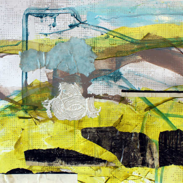 Original artwork, collage, acrylic painting, yellow, abstract landscape