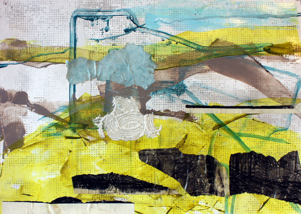 Original artwork, collage, acrylic painting, yellow, abstract landscape