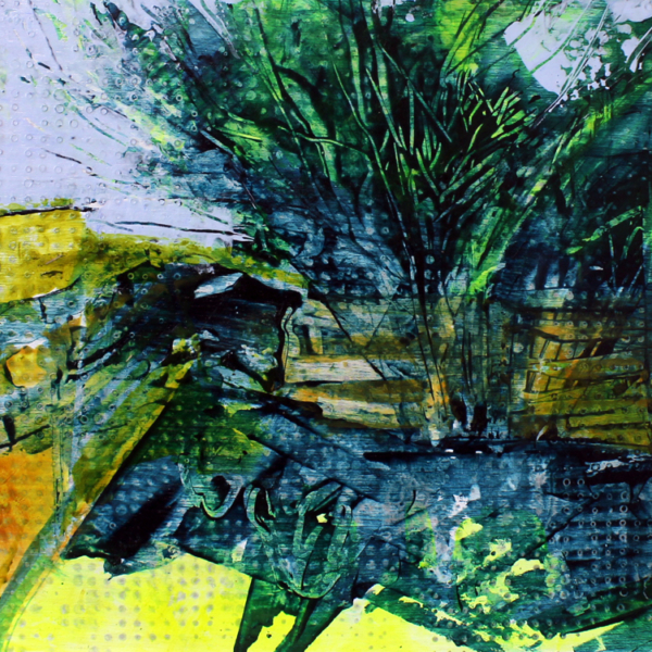 original acrylic painting, yellow blue landscape
