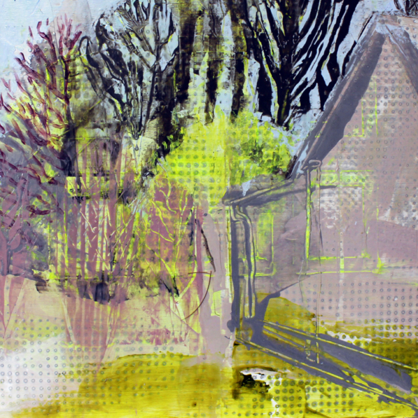 Original art blue, yellow acrylic painting of house