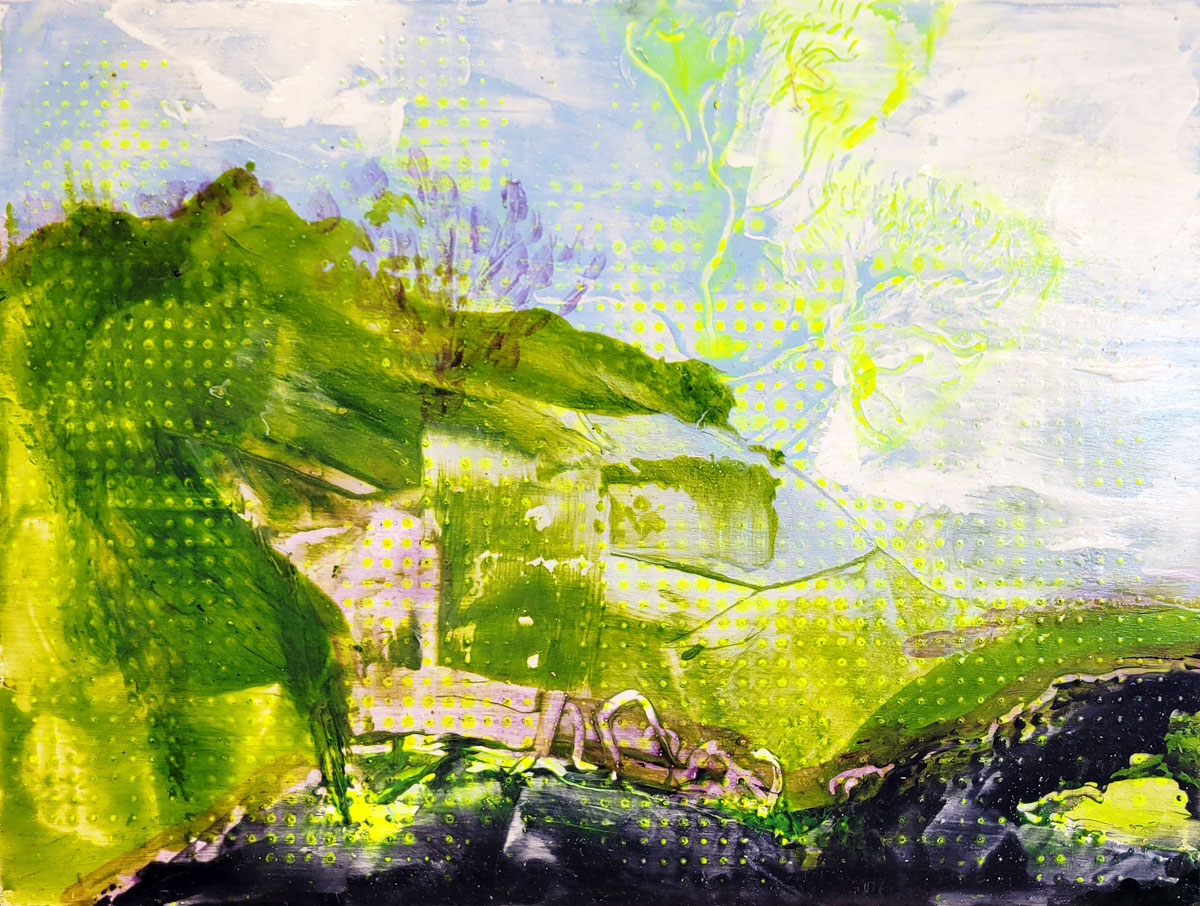 Original art green yellow abstract landscape acrylic painting