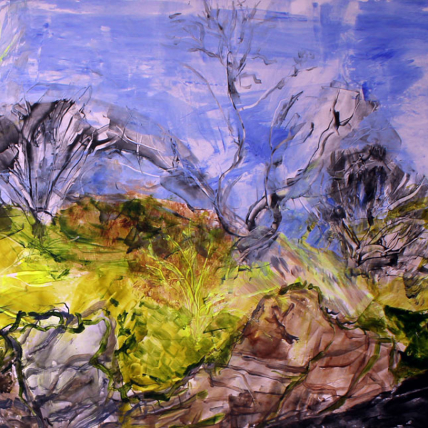 Original acrylic painting landscape riverside yellow blue