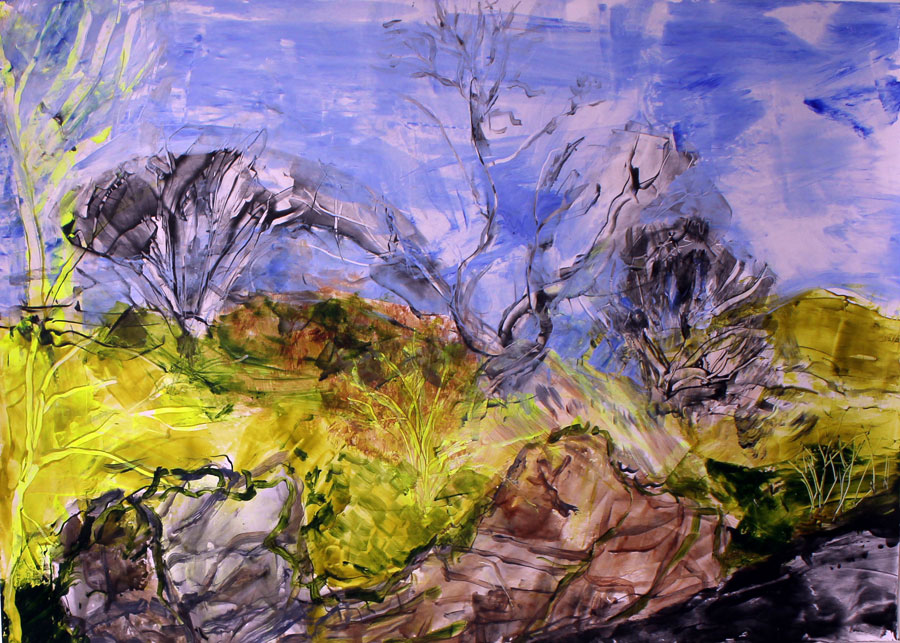 Original acrylic painting landscape riverside yellow blue