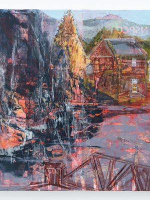 Original oil painting, house, fire, red and blue