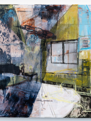 Original oil painting, abstract bedroom, window, blue, yellow