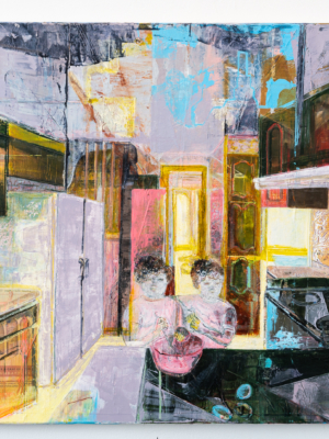 Original oil painting, blue, yellow kitchen, twin figures