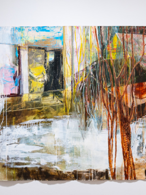 Original oil painting, figures, landscape, house, red, yellow