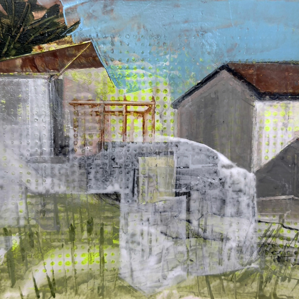 Original art blue white abstract houses acrylic painting
