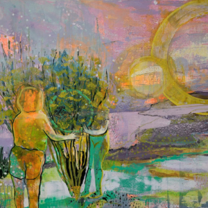 Original oil painting, figures, seascape, pink, orange, yellow
