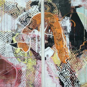 Original oil painting,girl, abstract, pink, orange, yellow