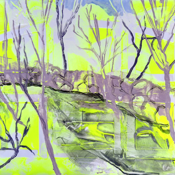 Original art yellow blue abstract landscape acrylic painting