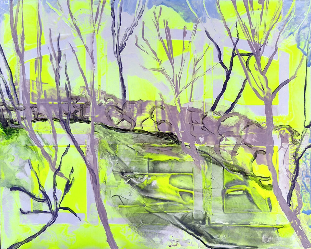 Original art, blue, yellow abstract trees acrylic painting