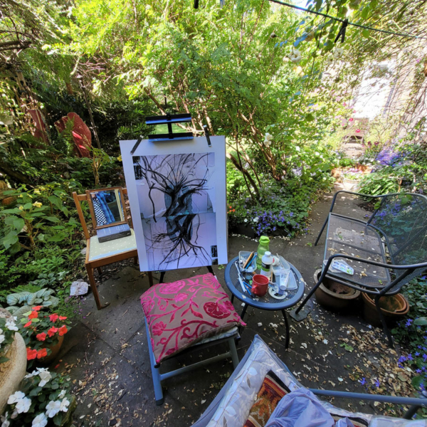 Drawing set up, Edinburgh tenement garden, summer 2022