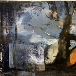 Original oil painting, abstract tree, black, orange