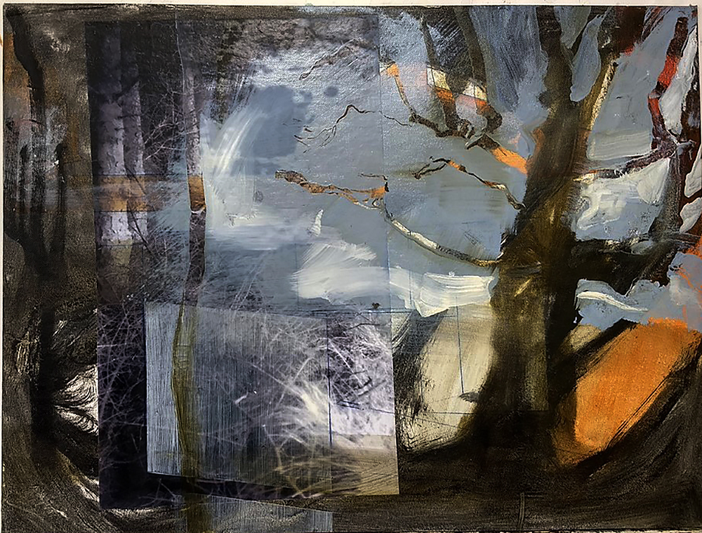 Original oil painting, abstract tree, black, orange