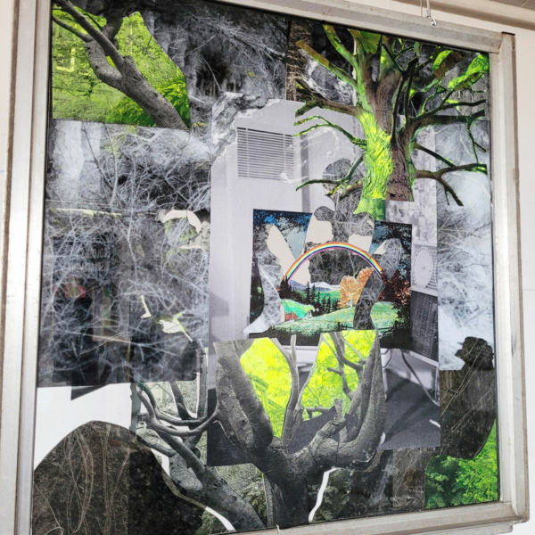Original art, yellow-blue collage on hanging glass window