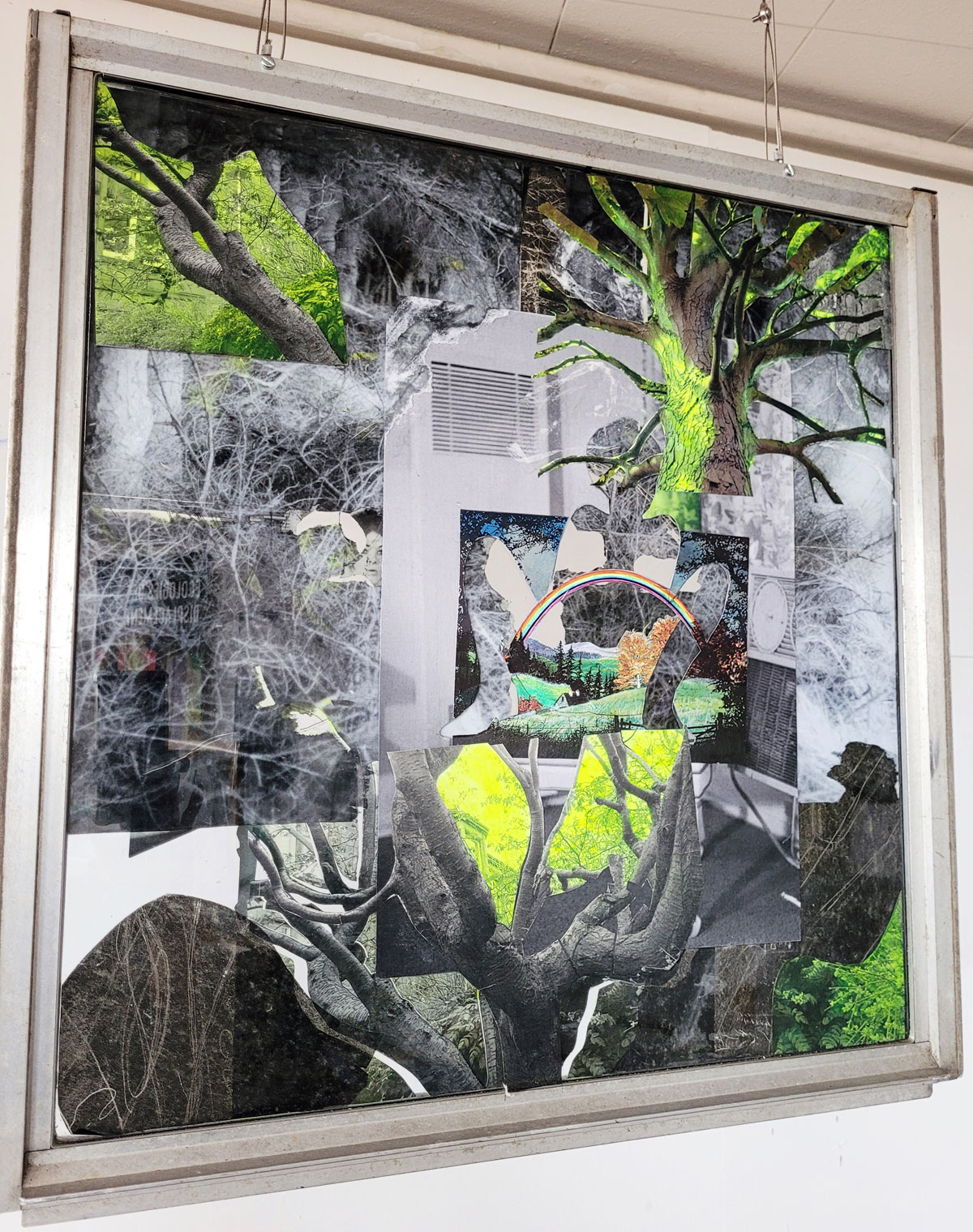 Original art, yellow-blue collage on hanging glass window