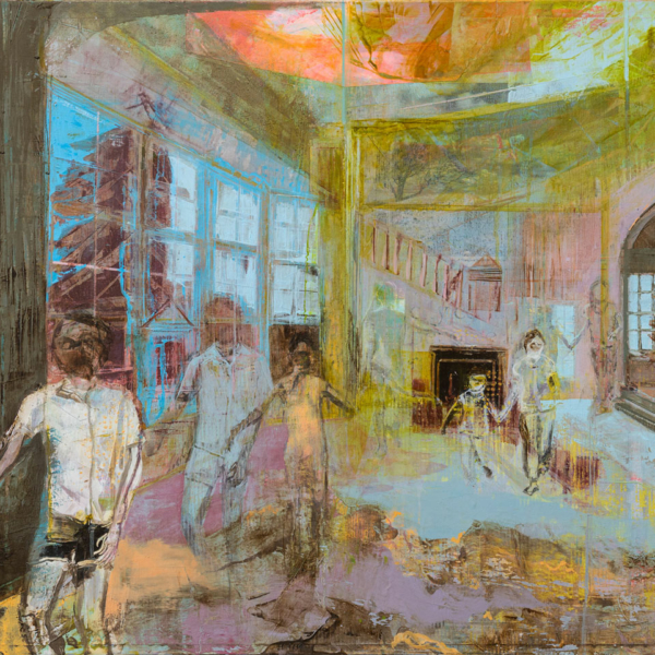 Original oil painting, green living room, running figures