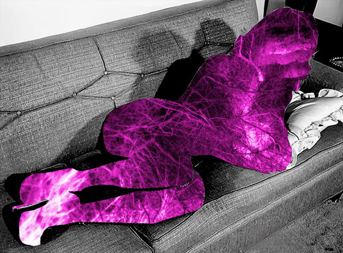 Original digital collage, dayglow purple figure on couch