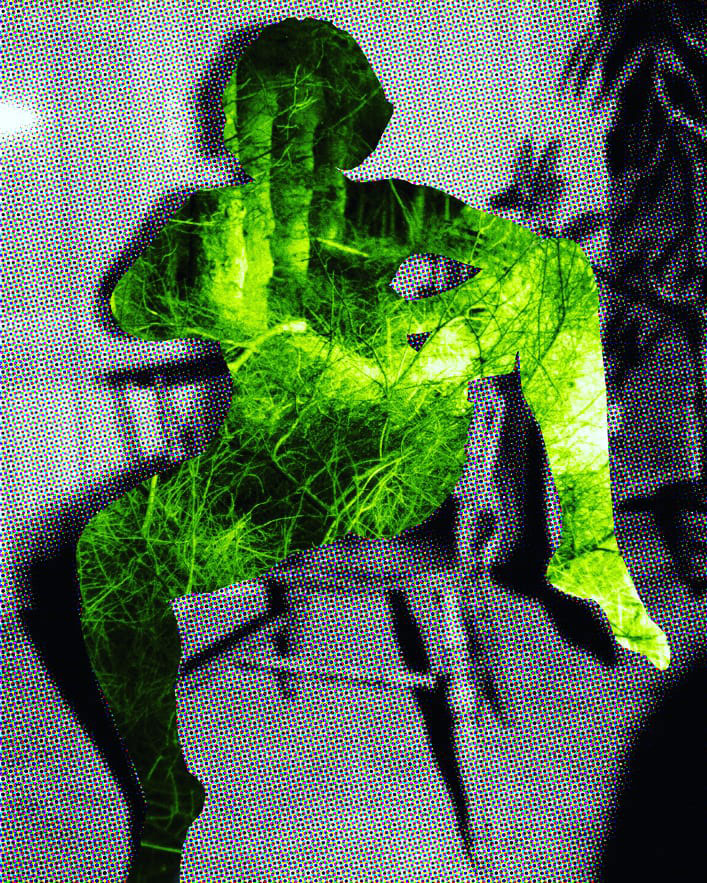 Original digital collage, dayglow green figure in chair