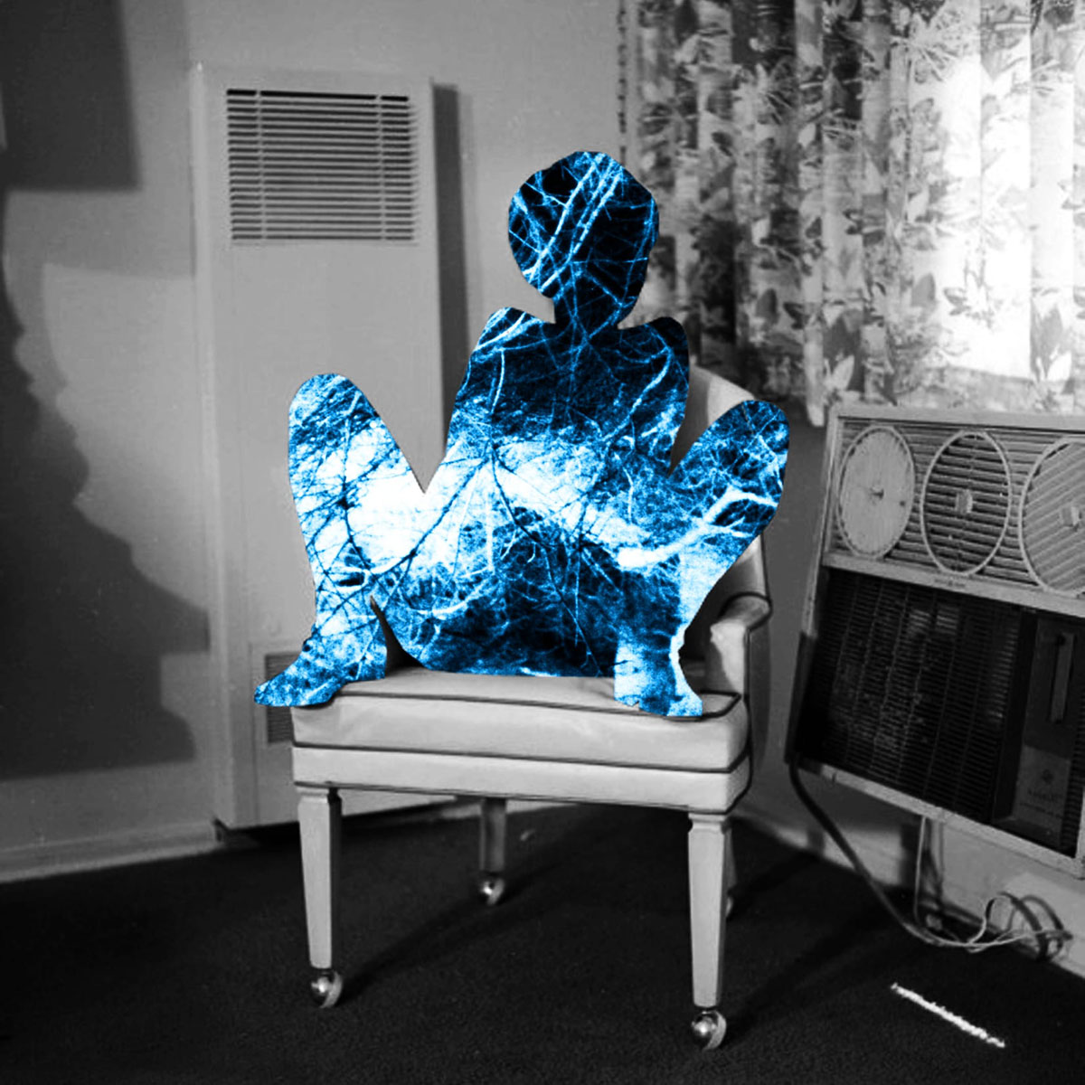 Original digital collage, dayglow blue figure in chair