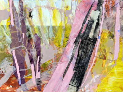 Original artwork, collage, acrylic painting, pink, yellow black