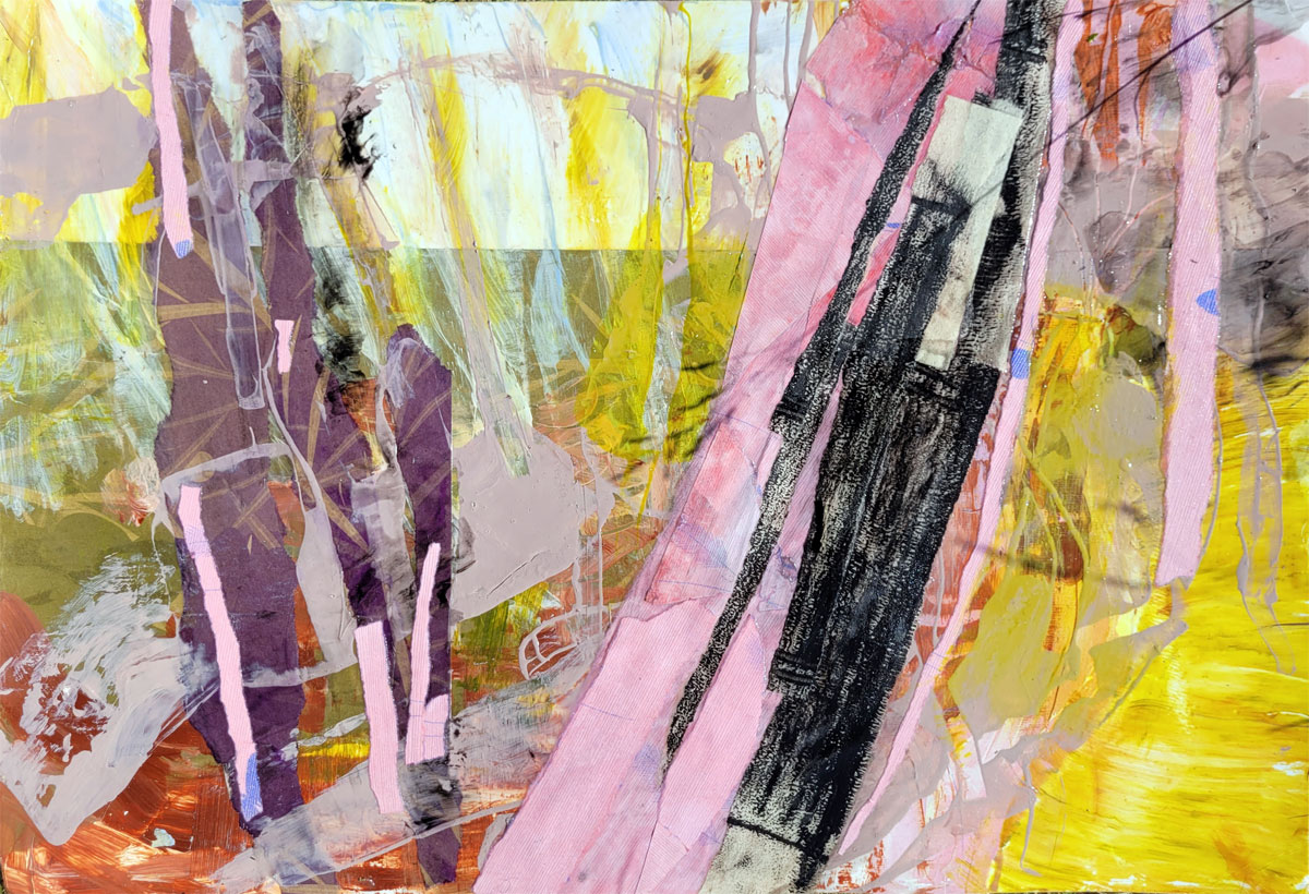 Original artwork, collage, acrylic painting, pink, yellow black