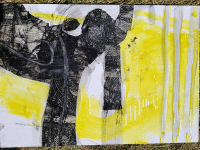 Original artwork, collage, acrylic painting, yellow, black