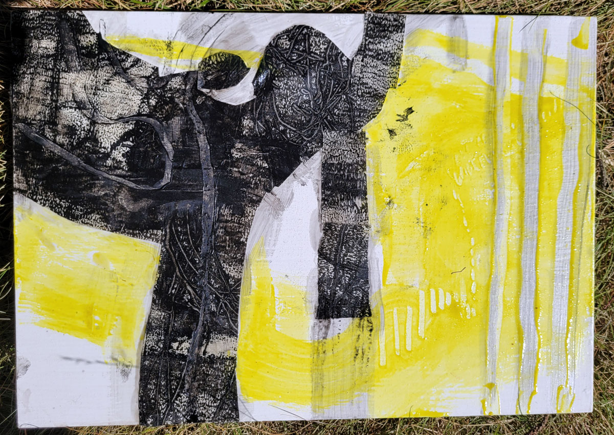 Original artwork, collage, acrylic painting, yellow, black