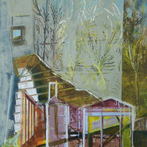 Original oil painting, abstract houses, green pink